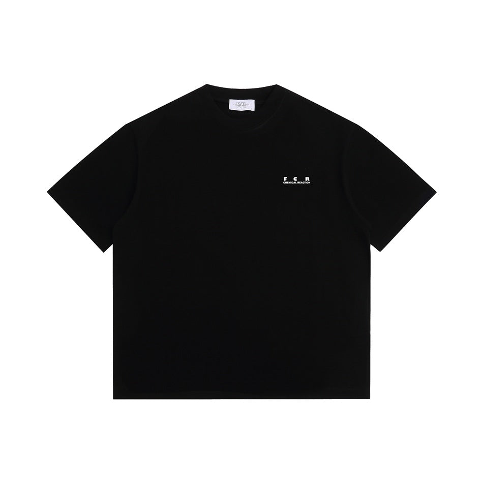 Black short-sleeve crew-neck T-shirt front with a small white chest print and white neck label