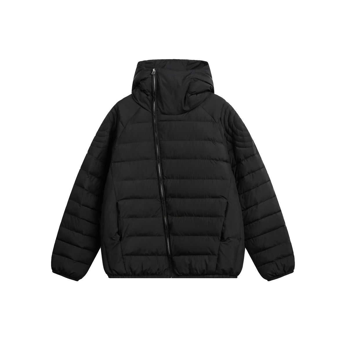 Black hooded quilted jacket with diagonal front zipper, flat front view on white background