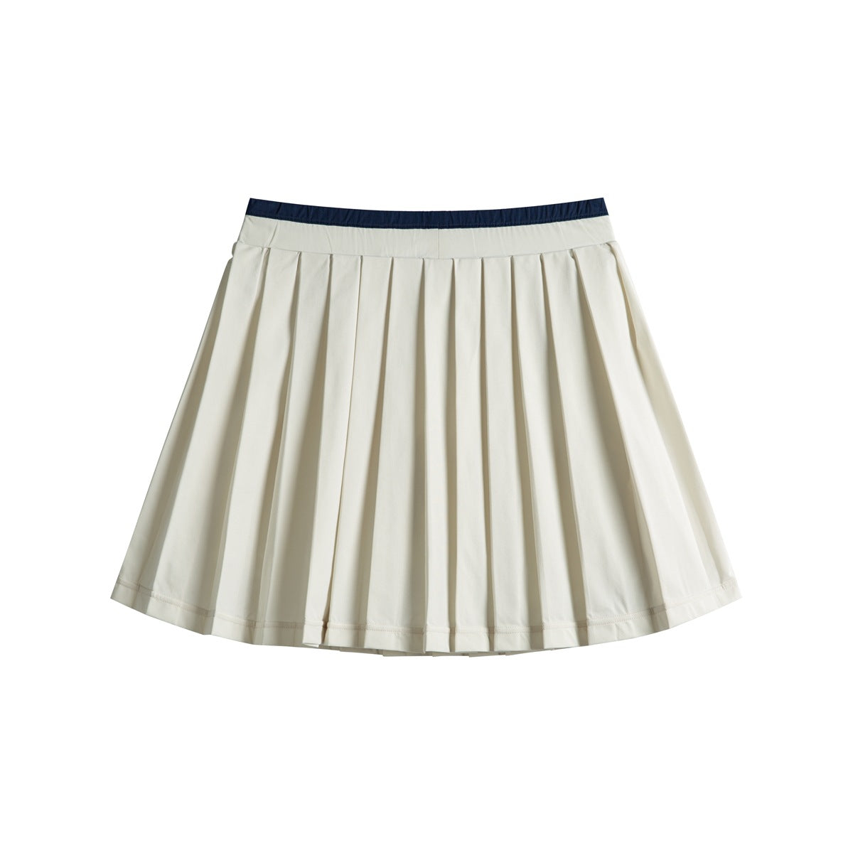 Ivory pleated skirt with a wide waistband and navy trim, shown against a white background.