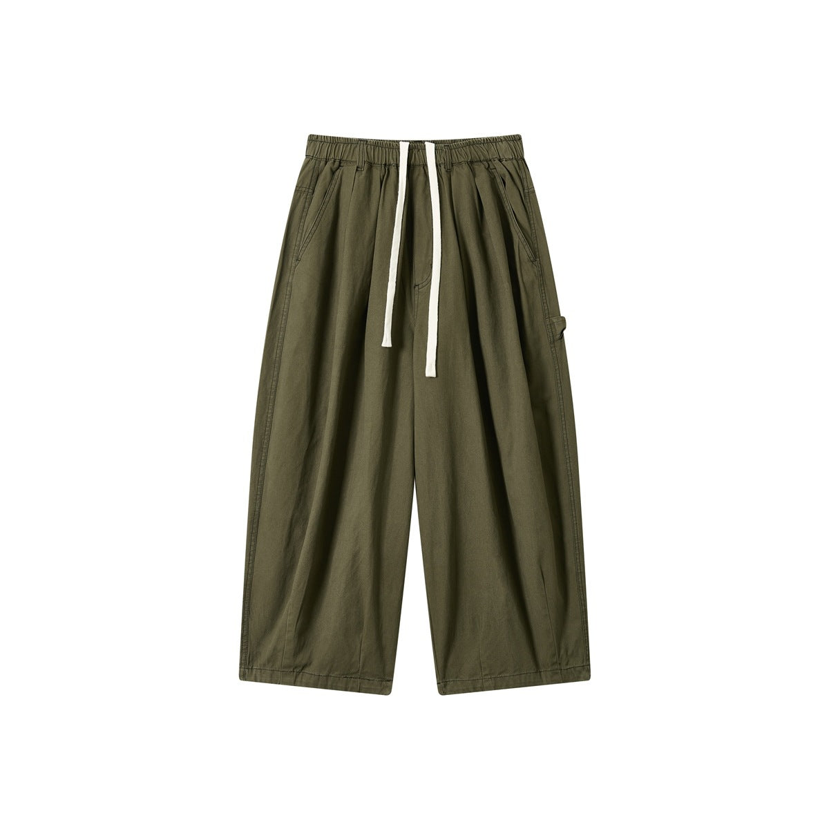 Green wide-leg pants with elastic drawstring waist, front pleats, side pockets and hammer loop, flat front view