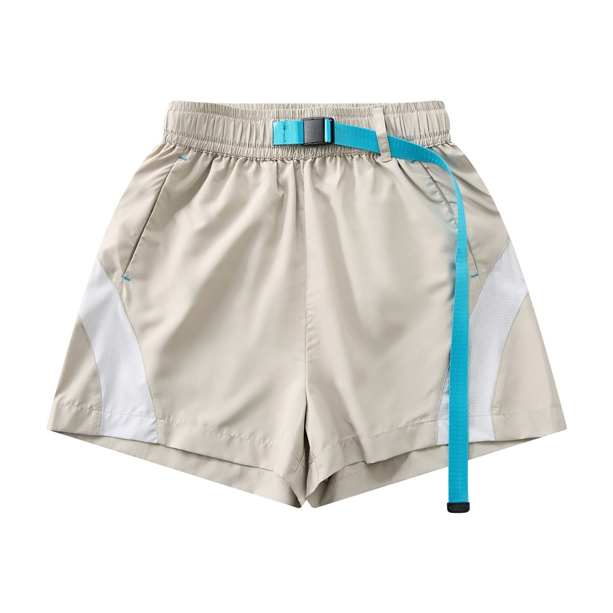 Light gray shorts with white side panels, elastic waist and turquoise buckle belt, flat lay front view