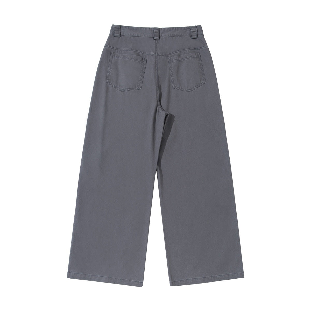 Back view of slate-gray wide-leg trousers with belt loops and two patch pockets.