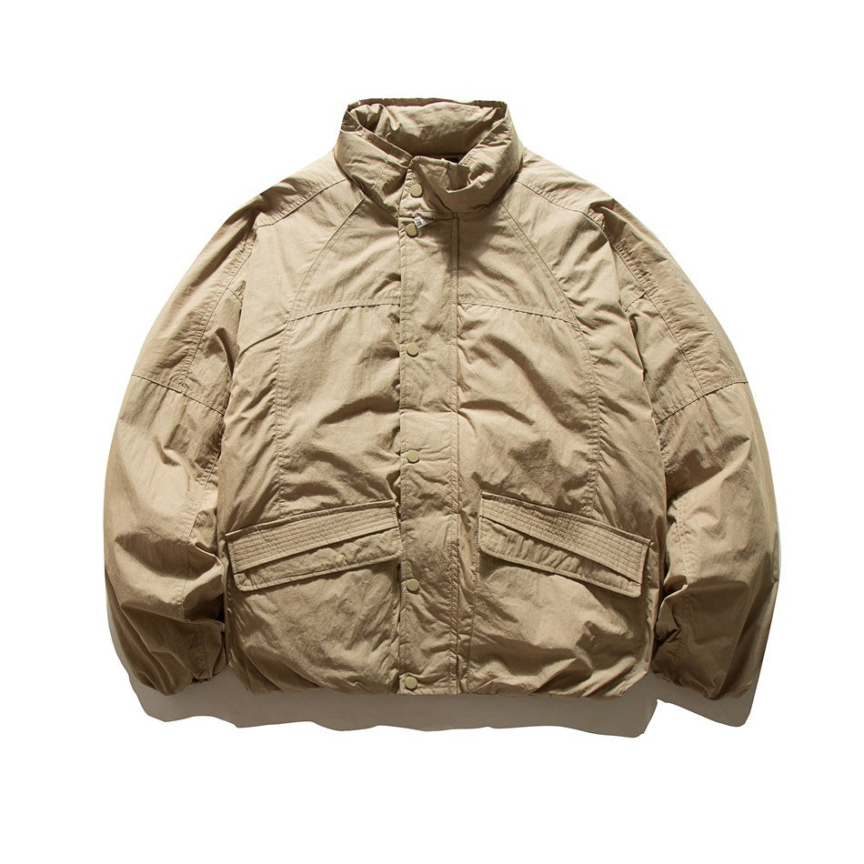 Khaki stand-collar padded jacket, front flat lay, snap placket and two flap pockets