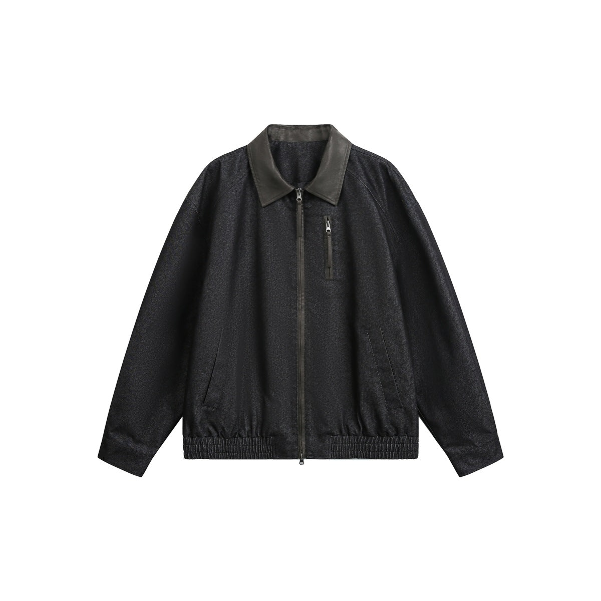 Black-gray textured zip jacket with brown leather-look collar, chest zip pocket and elastic hem, flat front view