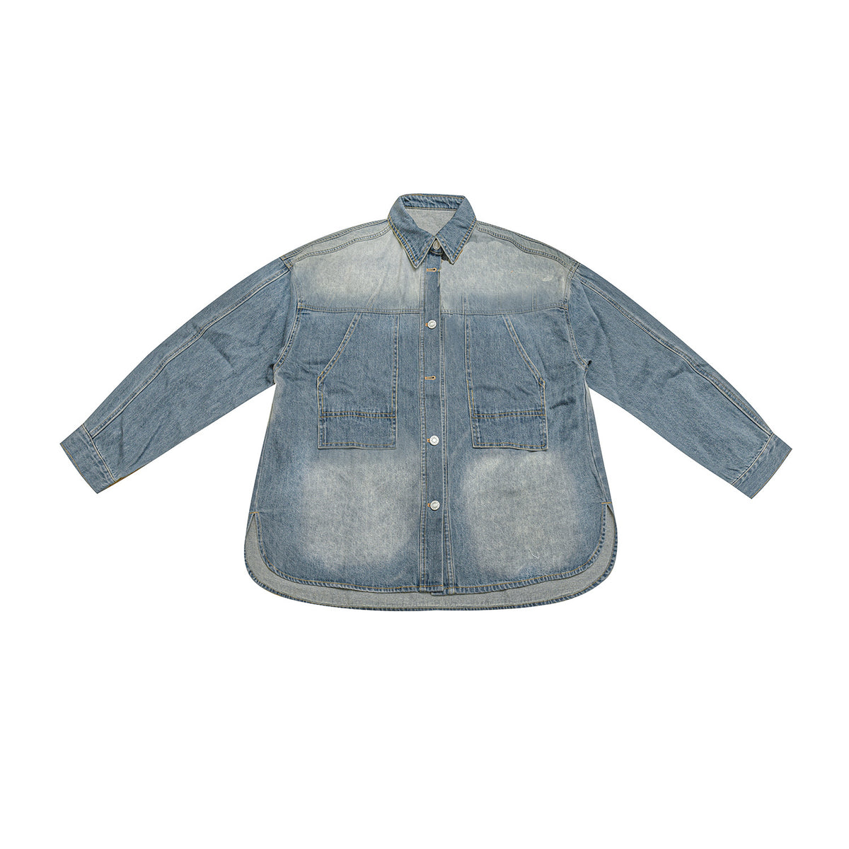Blue washed denim shirt-style jacket laid flat, front view with two large chest pockets and button front