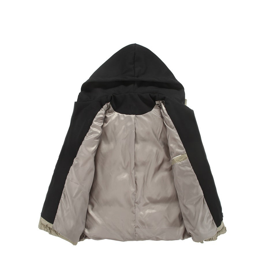 Puffer jacket opened to show its light gray lining, black hood, and inner construction.