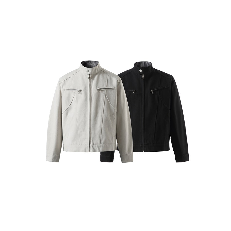 Light beige and black stand-collar jackets shown from the front, with zip pockets and checked collar lining.