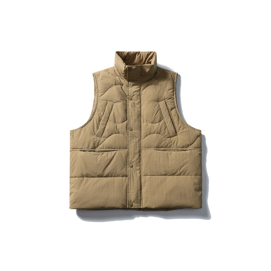 Khaki quilted puffer vest with stand collar and snap front placket, flat lay front view