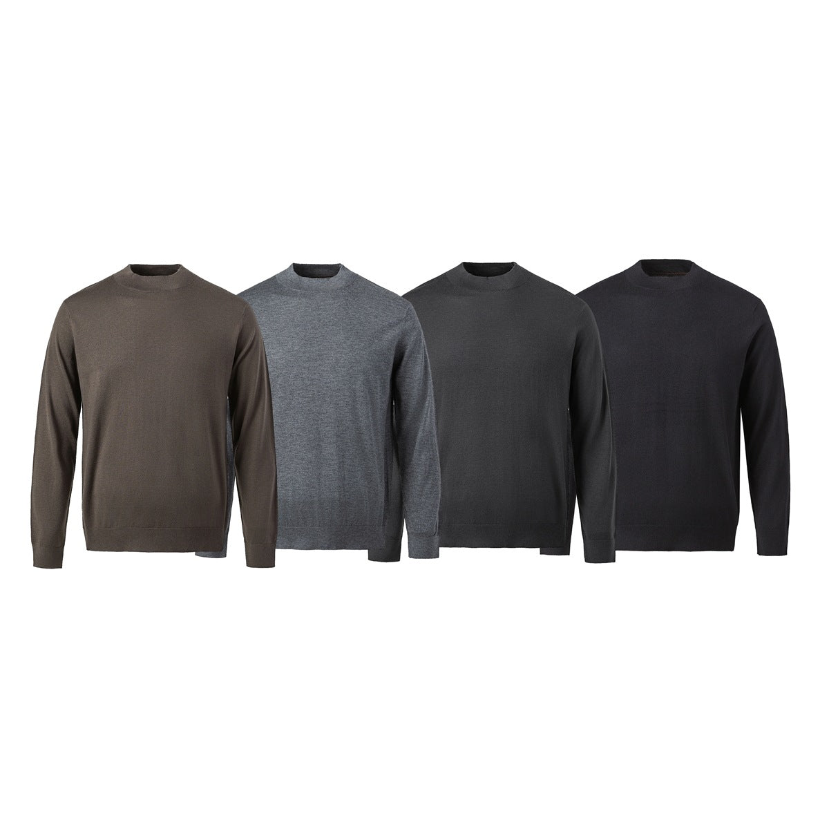 Four plain long-sleeve crew-neck sweaters in brown, heather gray, charcoal, and black.