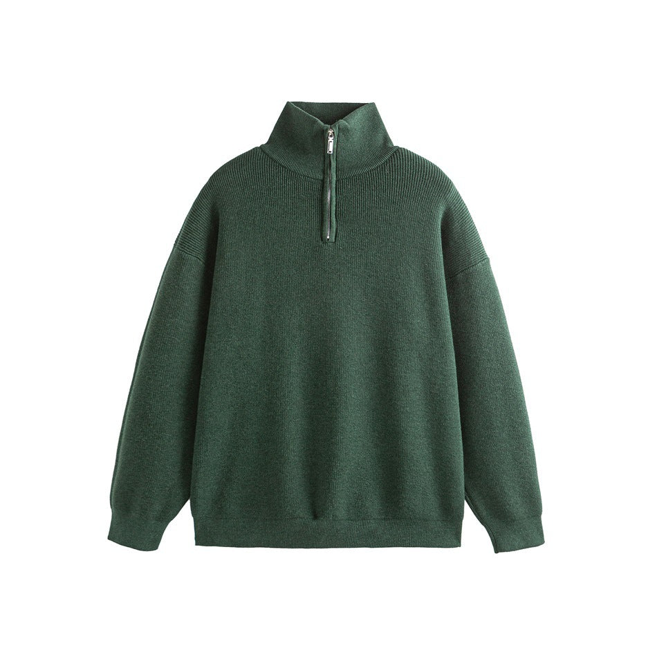 Dark green ribbed knit quarter-zip sweater with stand collar, flat lay front view