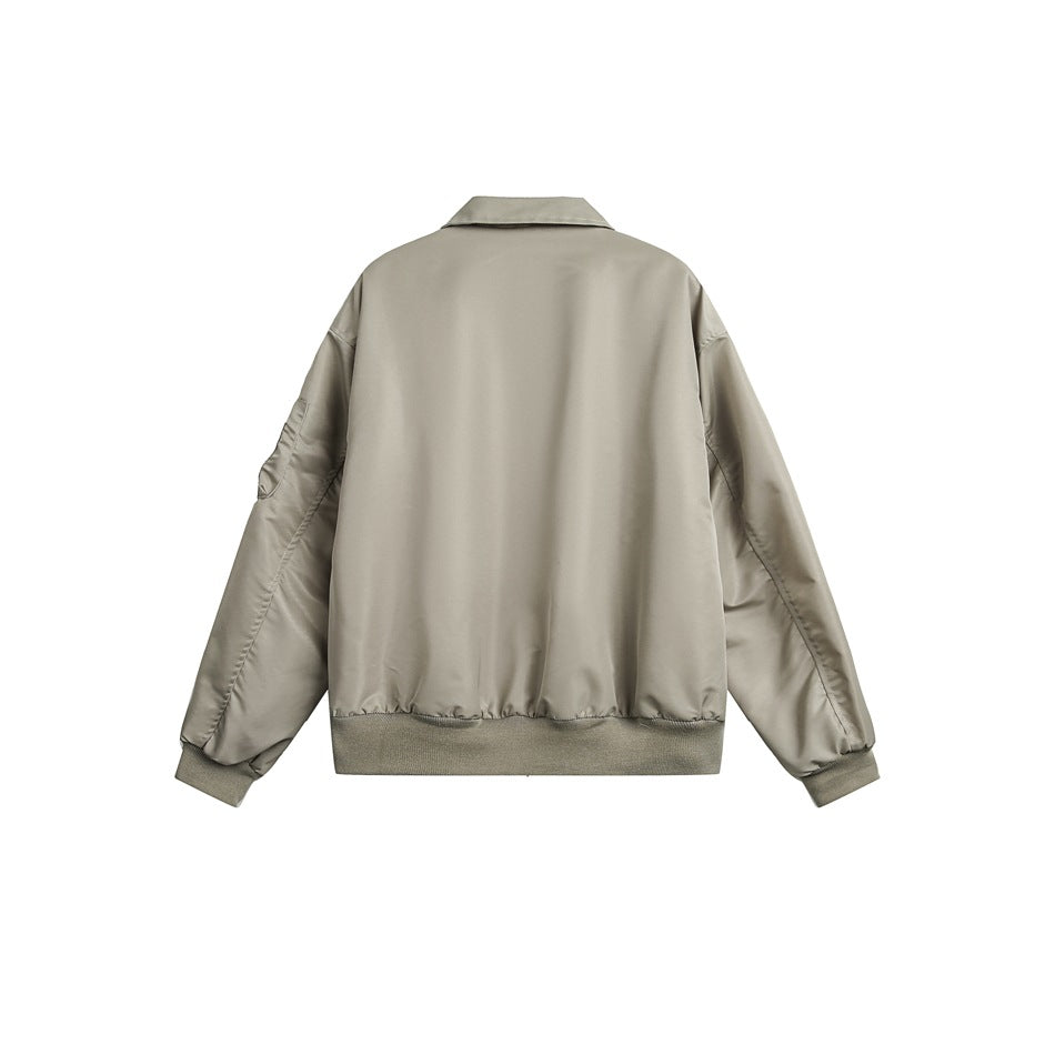 Back view of a taupe bomber jacket with a collar, long sleeves, ribbed cuffs and hem, and a sleeve pocket.
