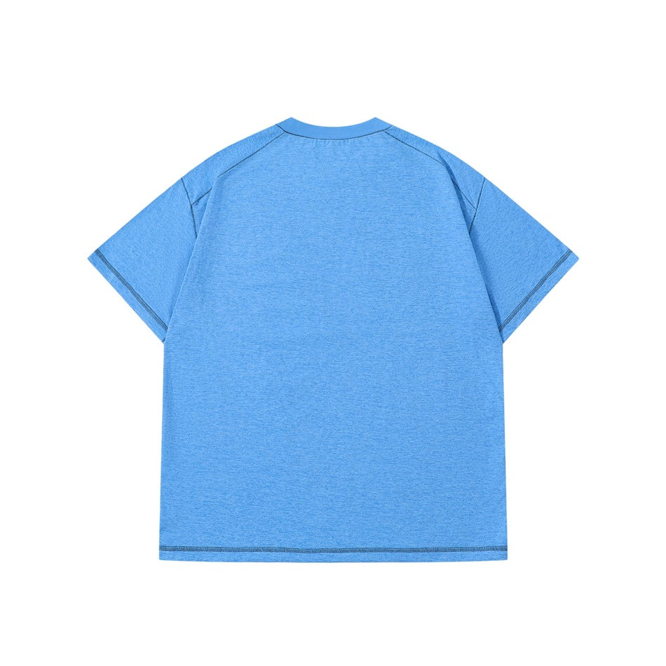Back view of a plain heathered light-blue short-sleeve T-shirt with raglan seams.