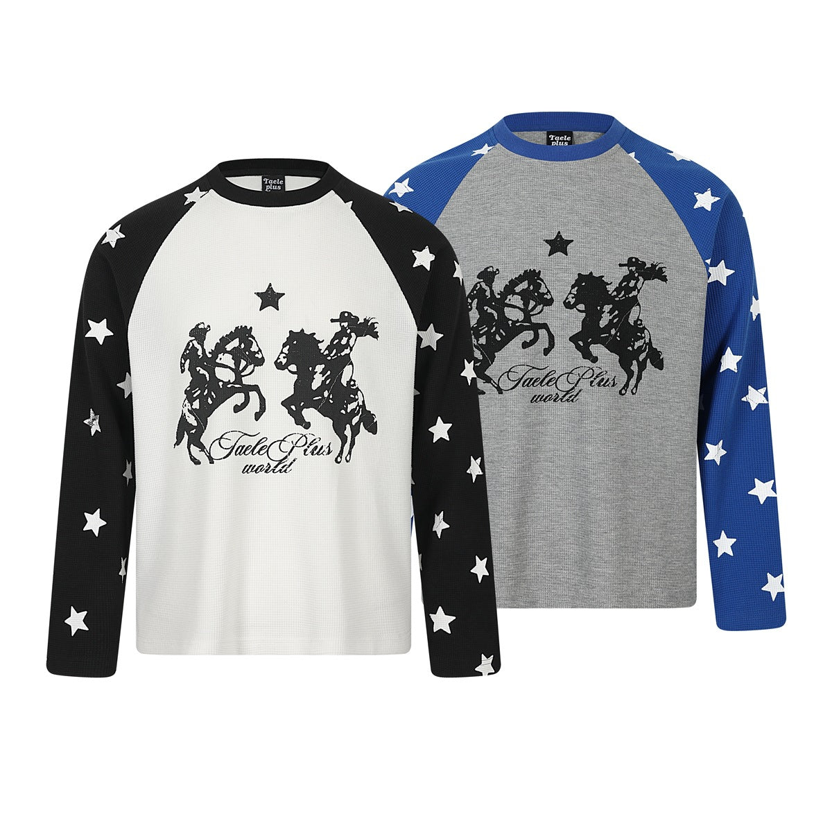 Two long-sleeve raglan shirts: one with a white front and black star-print sleeves, the other gray with blue star-print