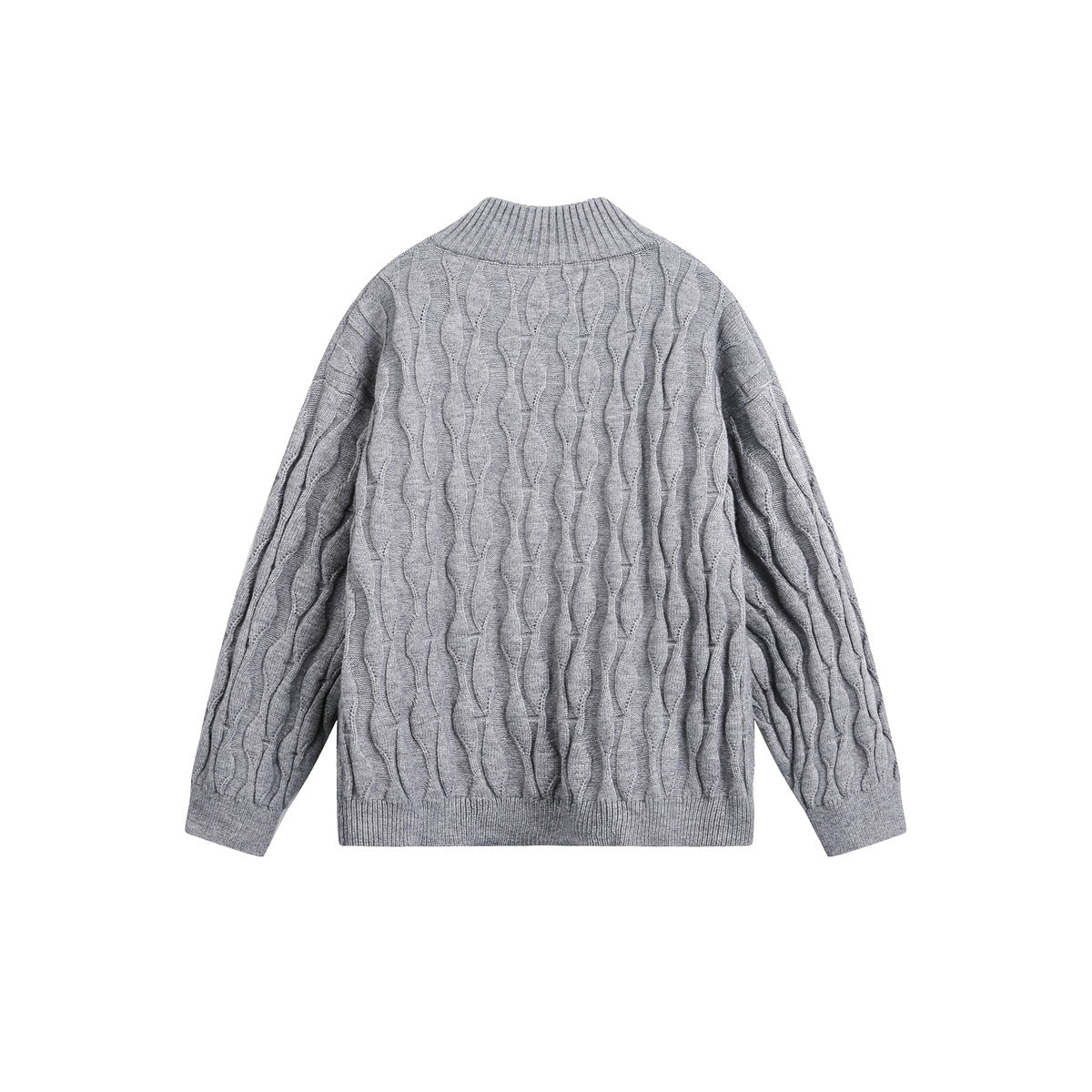 Back view of a light gray cable-knit sweater with a ribbed stand collar, cuffs, and hem.