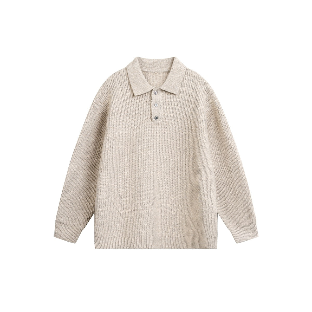Apricot ribbed knit polo sweater with three buttons, flat front view