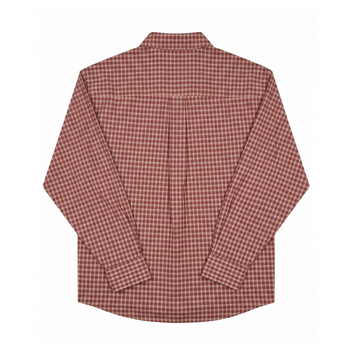 Full back view of a long-sleeve rust-red and cream plaid button-up shirt, laid flat with sleeves folded inward.