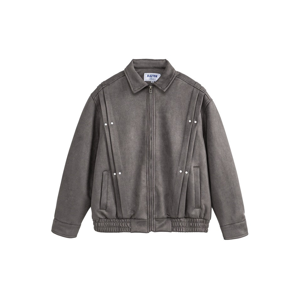 Gray suede-look zip jacket with collar, pleated front panels, silver rivets, pockets and elastic hem, flat front view