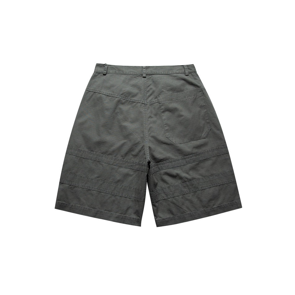 Gray knee-length shorts, back flat lay, showing one back patch pocket, belt loops and stitched bands on the legs
