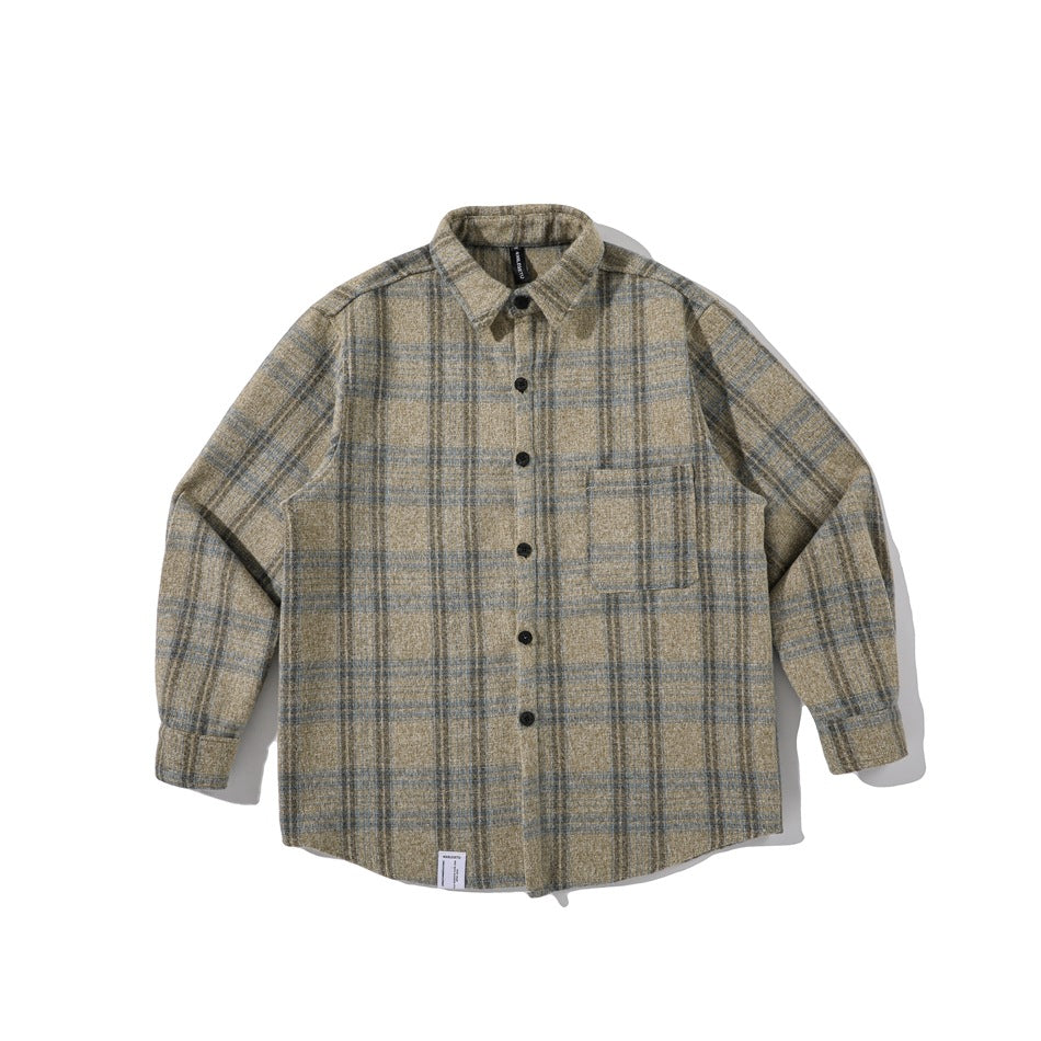 Light khaki plaid long-sleeve button-up shirt laid flat, front view with chest pocket and hem label