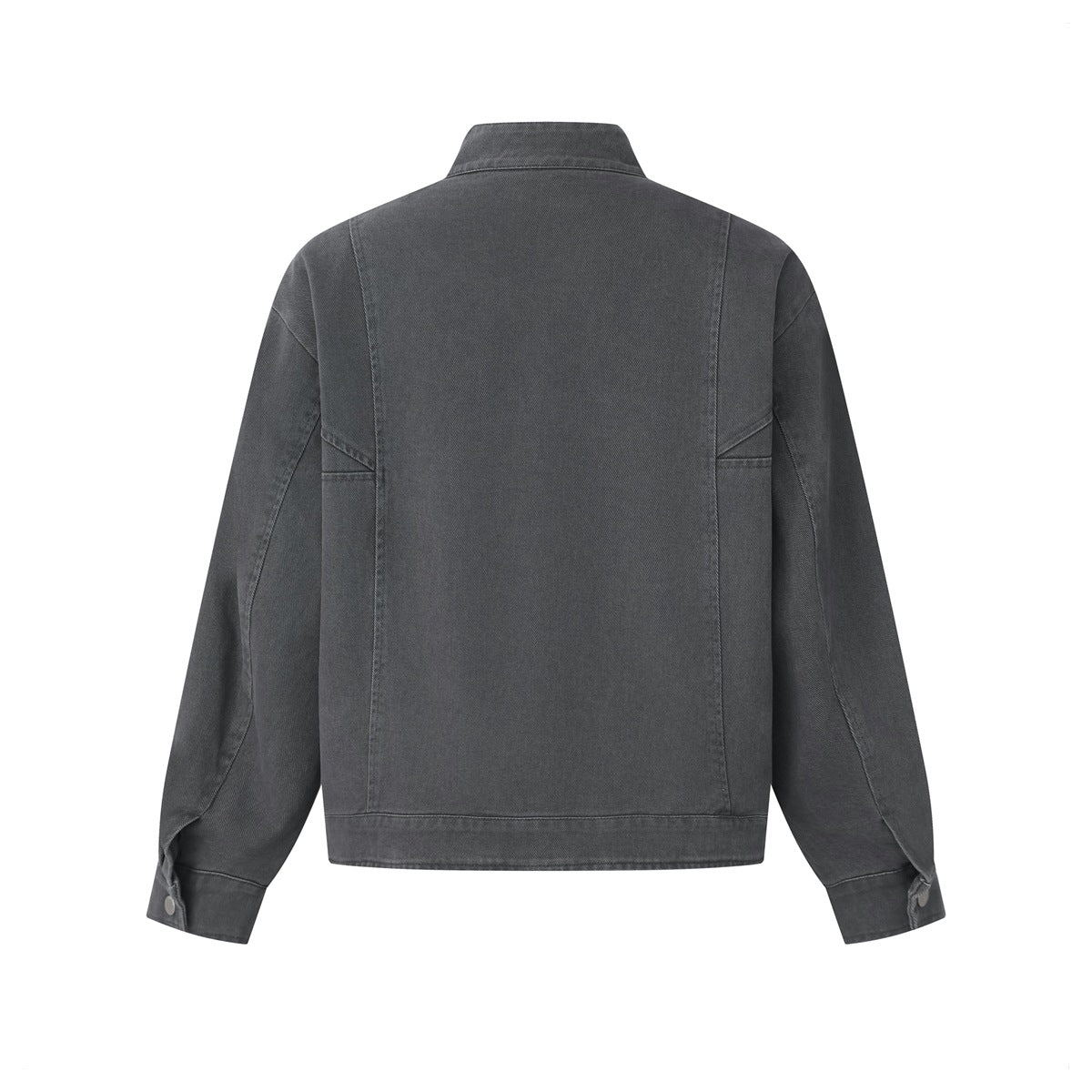 Dark gray jacket back view with paneled seams, stand collar and buttoned cuffs