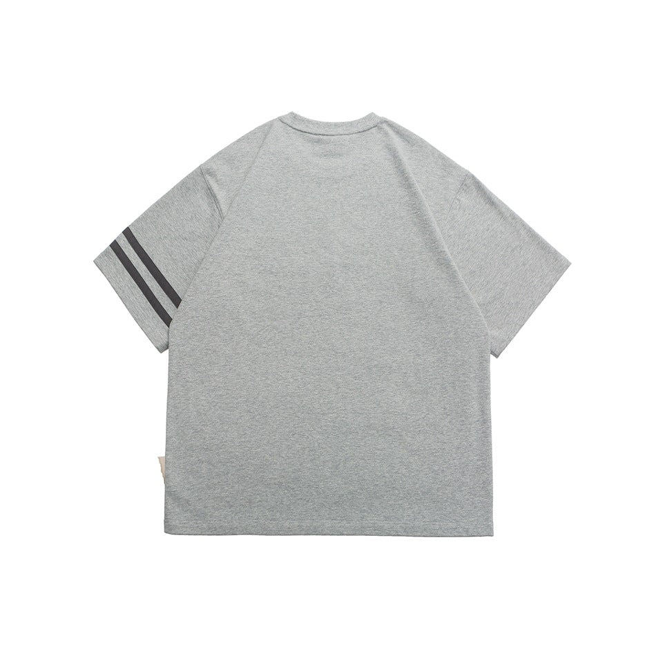 Heather gray T-shirt back view, plain back with two dark stripes on the sleeve cuff