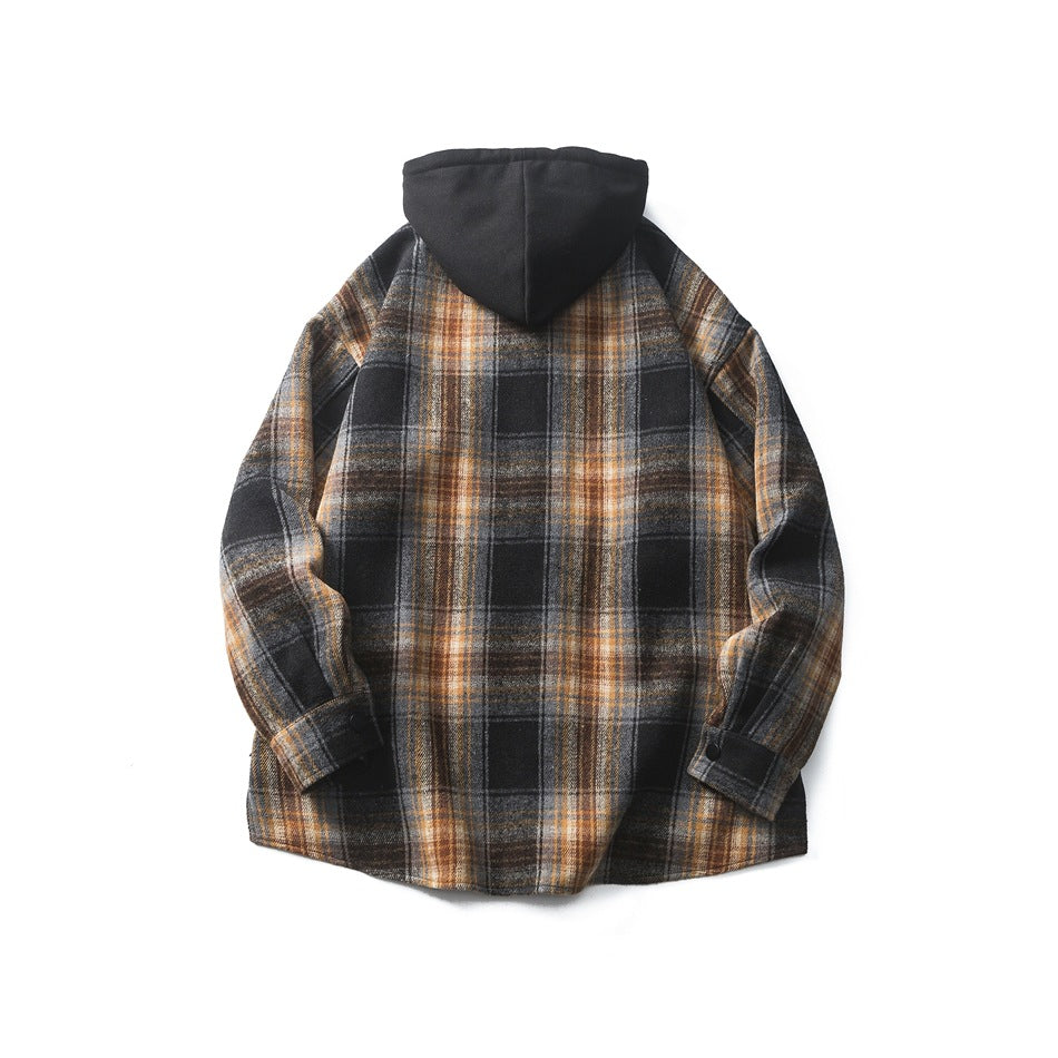 Back view of a gray, black, and rust plaid hooded shirt jacket displayed flat against a white background.
