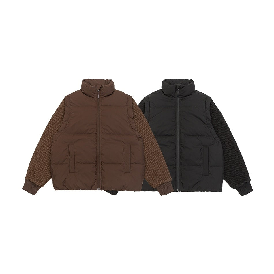 Two front-view jackets: brown and black padded zip-front bodies with textured knit sleeves, high collars and pockets.