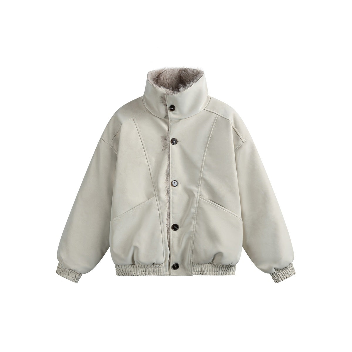 Off-white stand-collar button jacket with fleece-like pile collar and placket trim, elastic cuffs and hem, front view