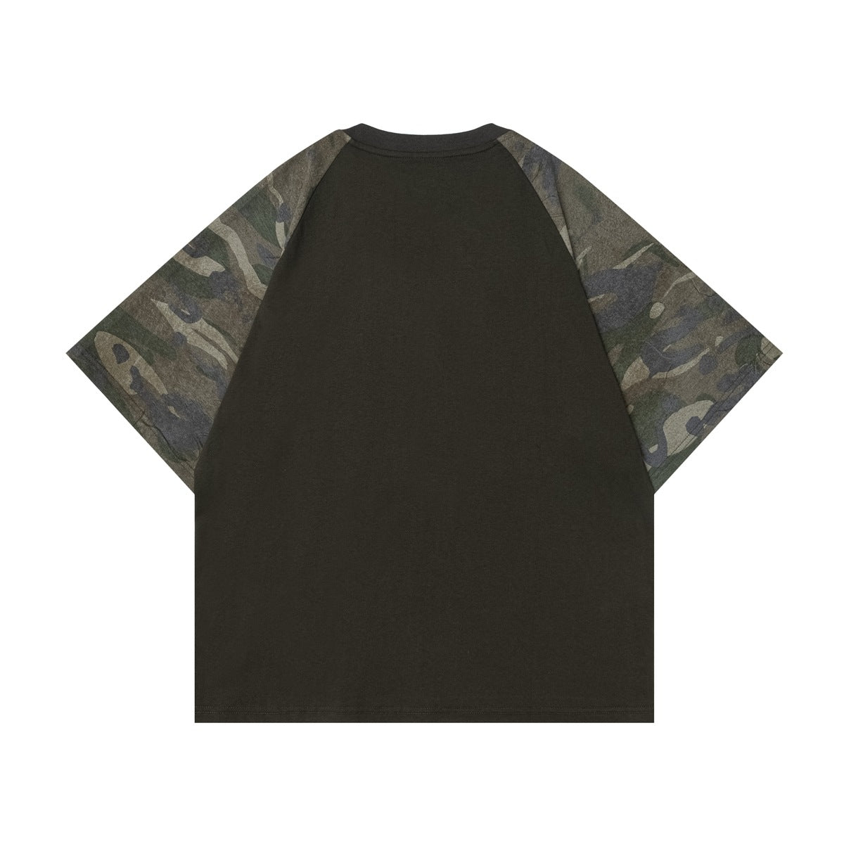 Flat-lay back view of a dark olive short-sleeve raglan T-shirt with muted camouflage sleeves.
