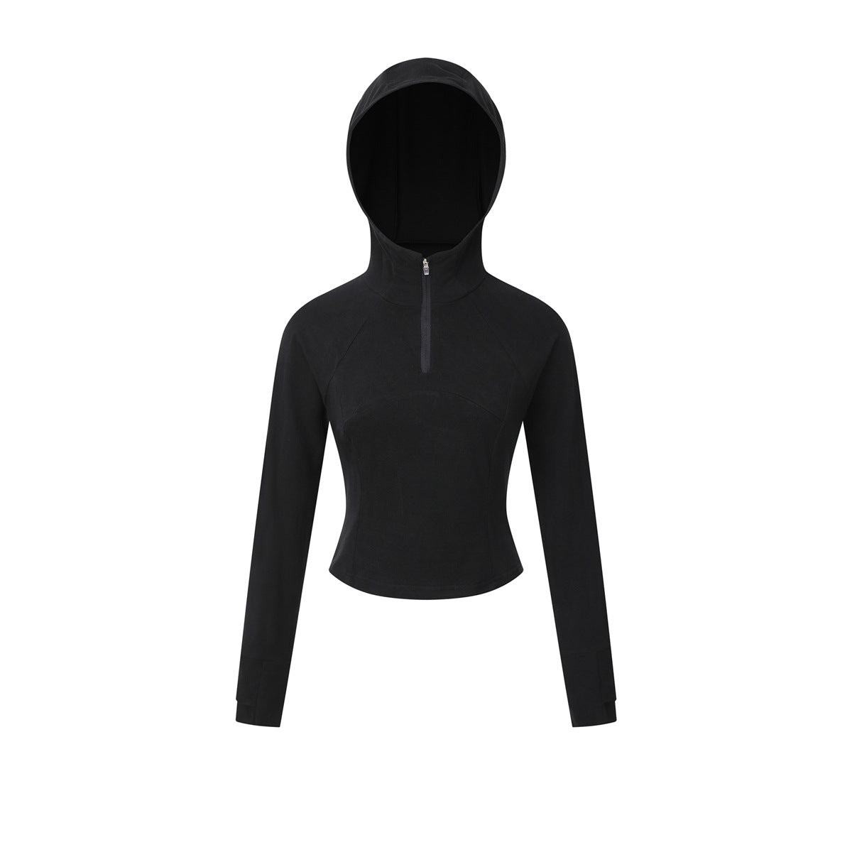 Black cropped fitted hooded jacket with half zipper, raglan sleeves and thumbhole cuffs, front flat view