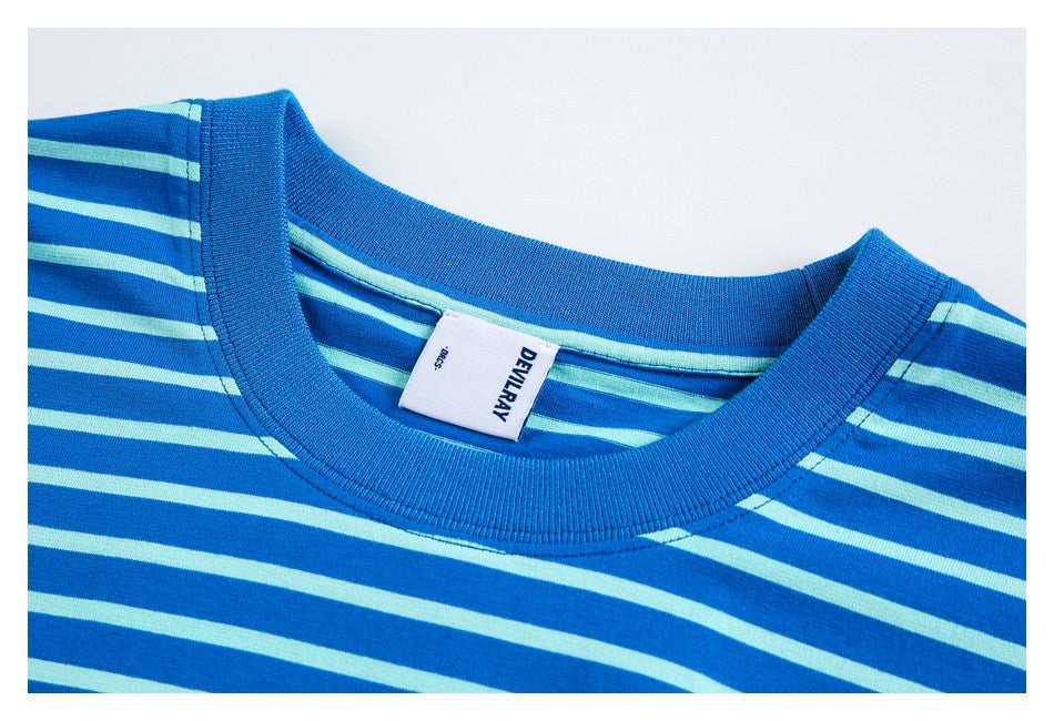 Close-up of a blue and pale aqua striped T-shirt neckline, ribbed collar, and sewn-in label.