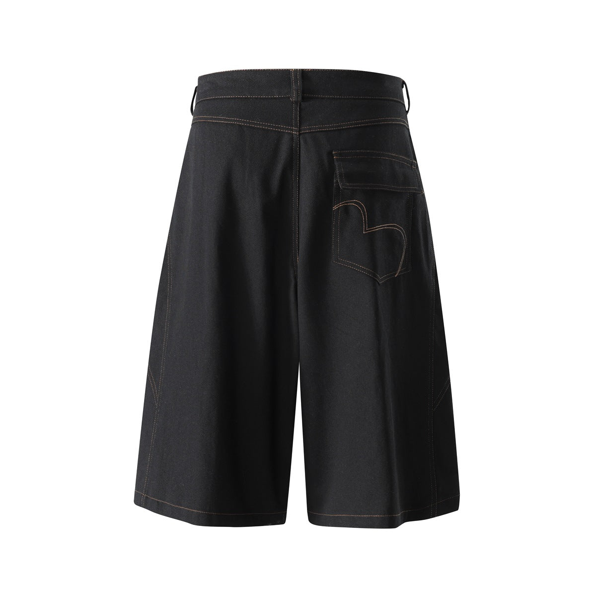 Back view of black wide-leg knee-length shorts with a flap back pocket and contrast copper stitching
