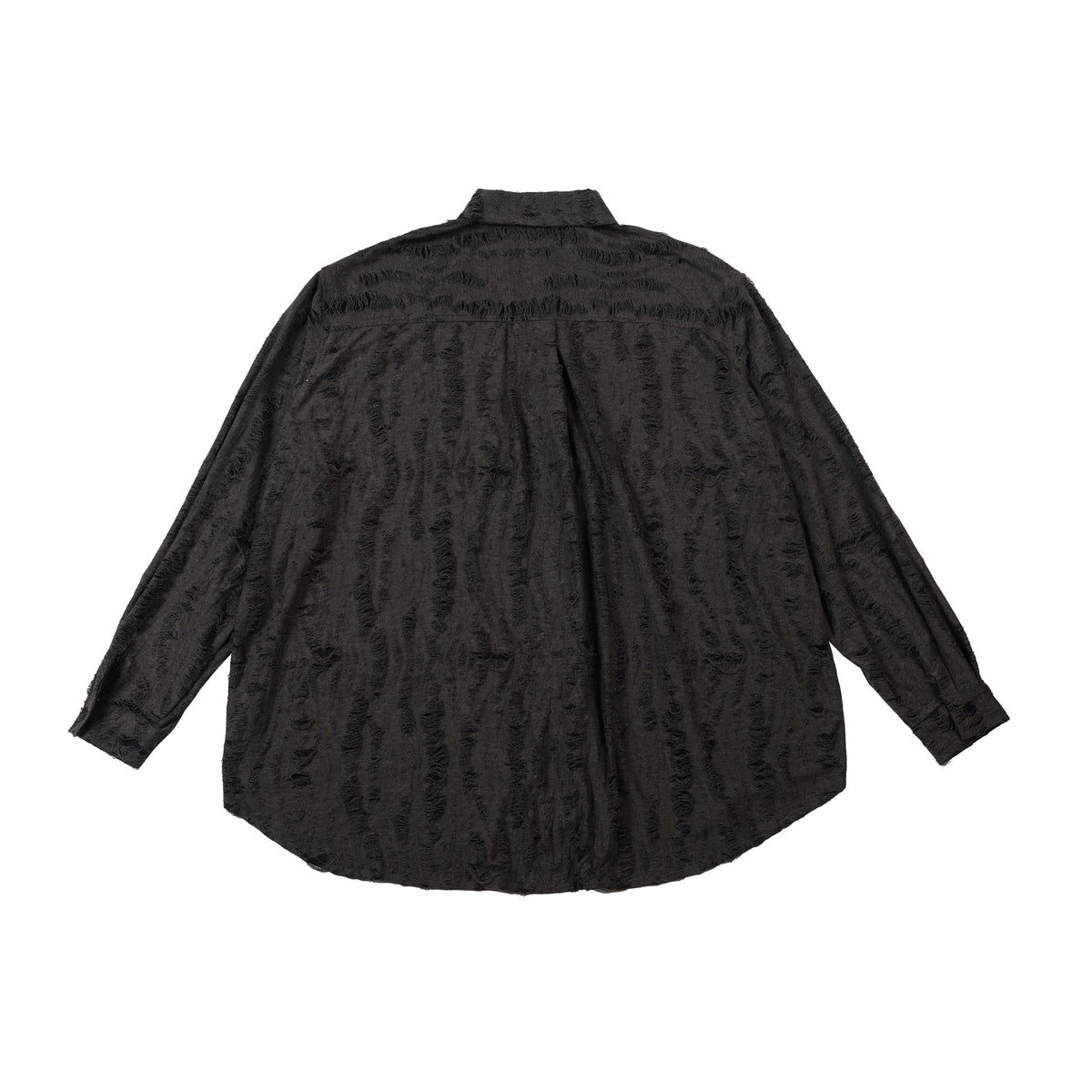 Back view of dark charcoal-black distressed long-sleeve shirt flat lay with yoke seam and center pleat