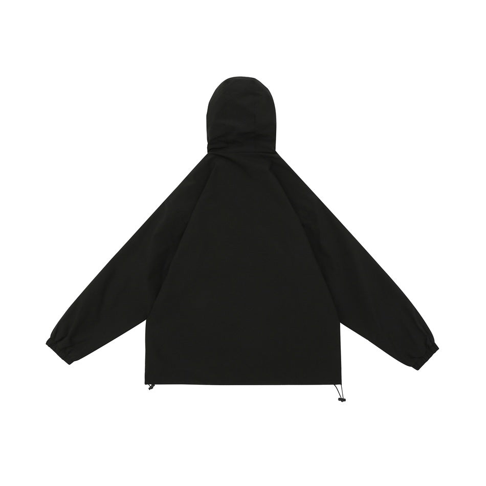 Rear view of a black hooded jacket with long sleeves, elastic cuffs and adjustable hem.