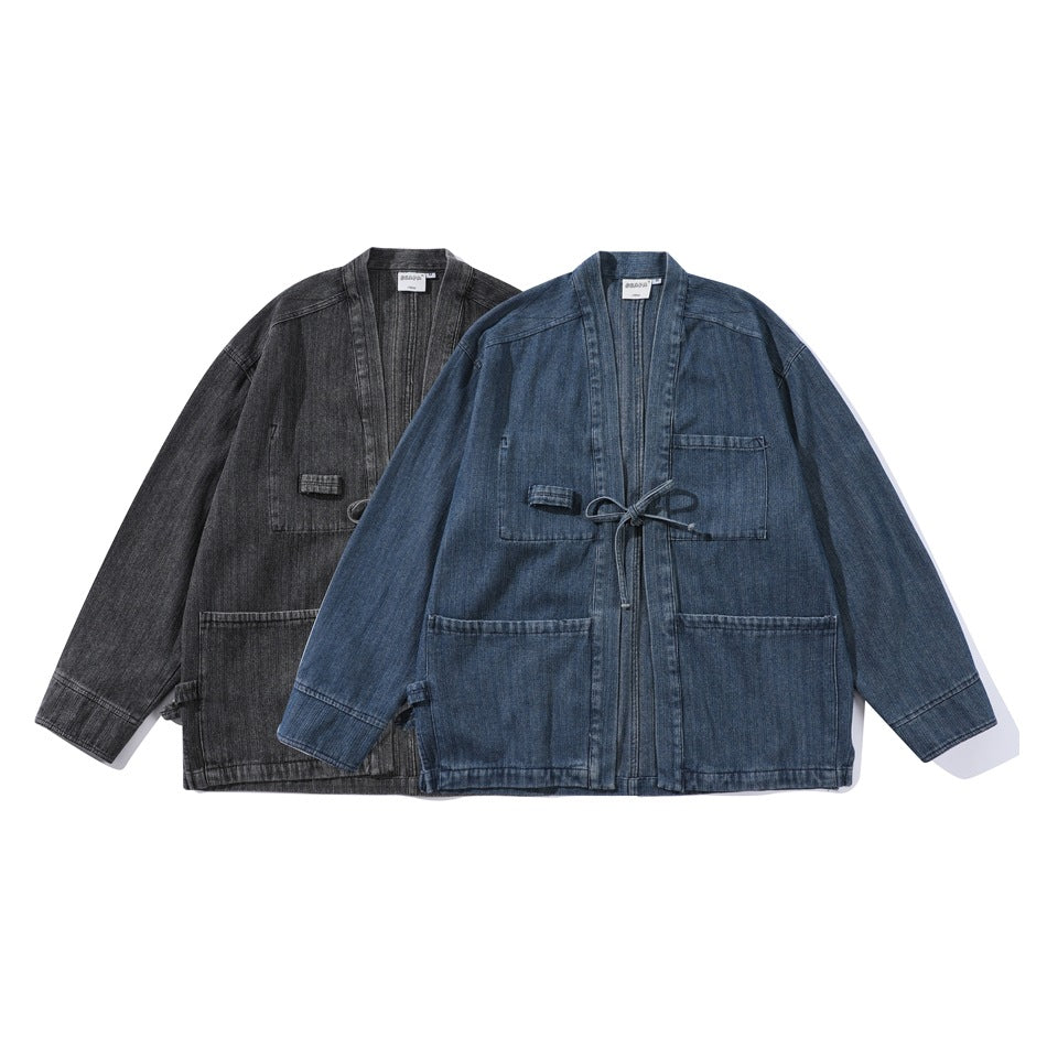 Two tie-front denim jackets with patch pockets, shown from the front in charcoal gray and blue.