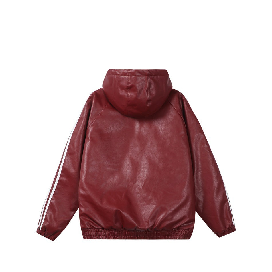Back view of a burgundy hooded jacket with white sleeve stripes and an elasticated hem.