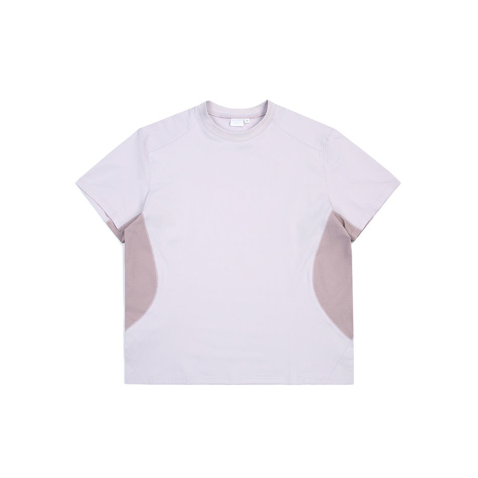 Light purple short-sleeve crew-neck T-shirt with mauve curved side panels, flat front view