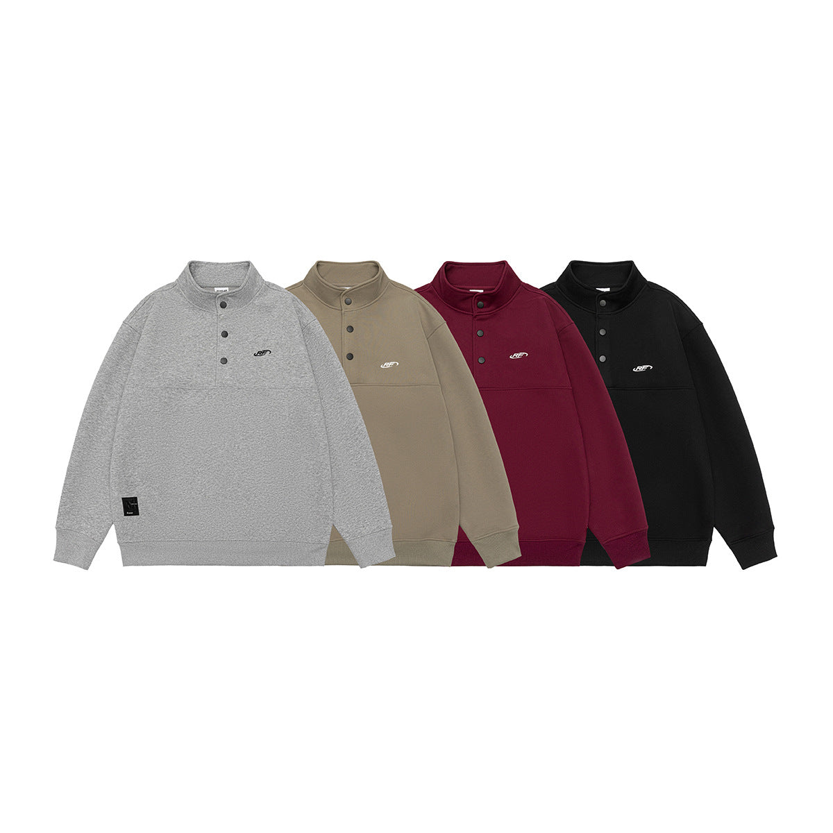 Four button-neck pullovers shown together in light gray, taupe, burgundy, and black.