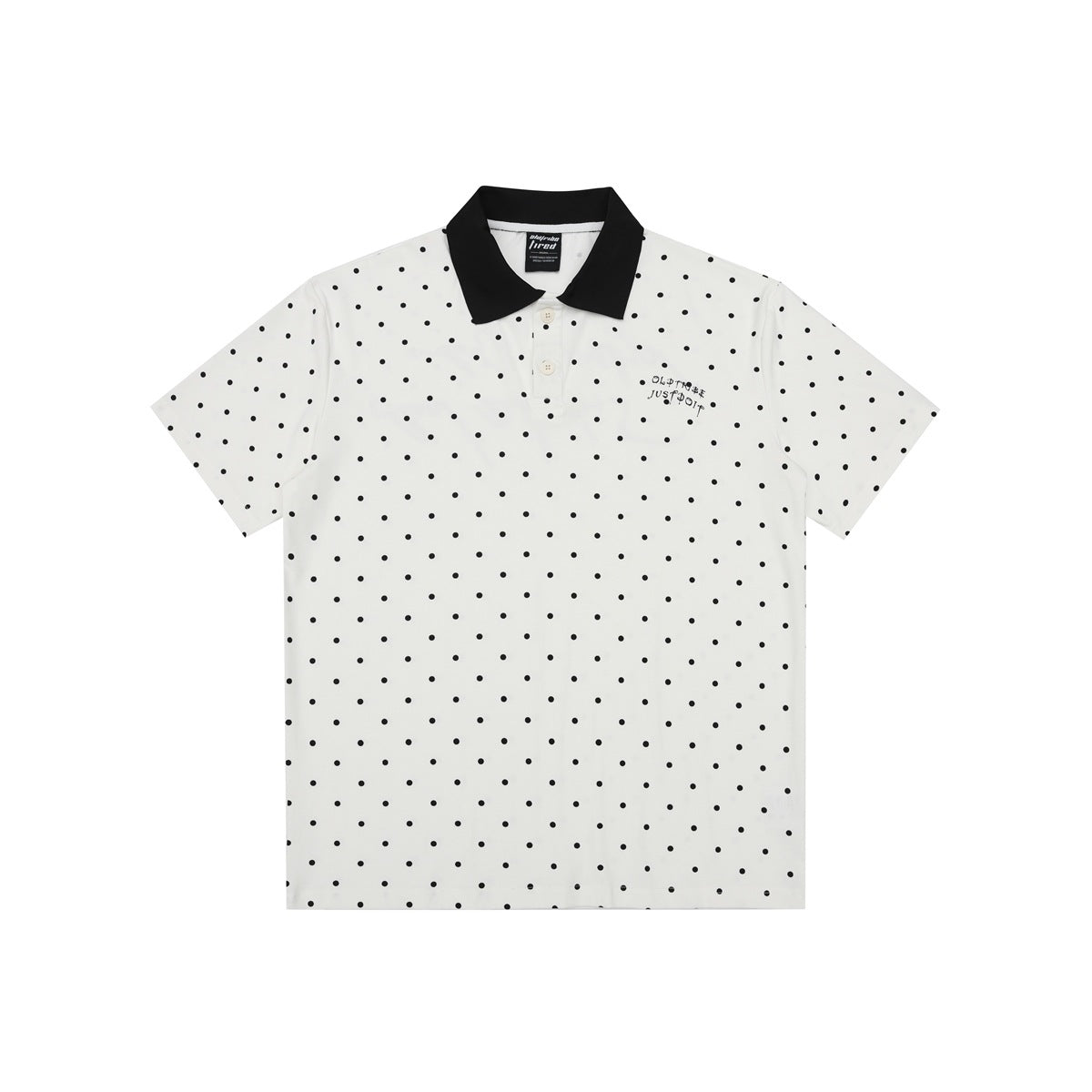 Front view of a white short-sleeve polo with black polka dots, a black collar, two buttons and small chest lettering.