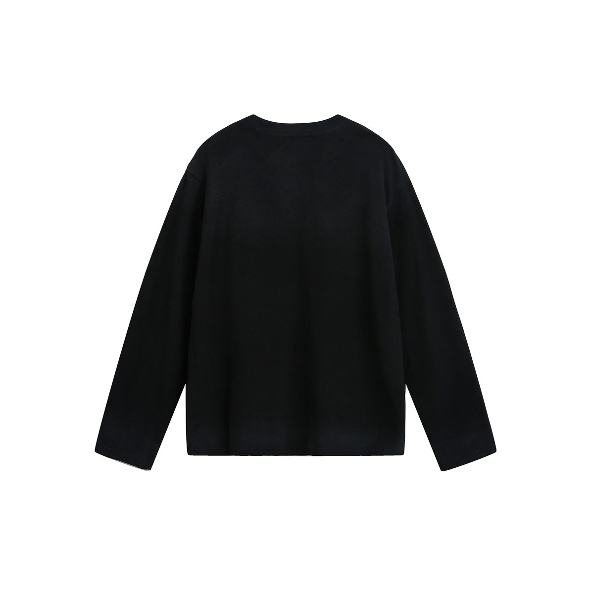 Plain black long-sleeve crew-neck shirt shown from the back.