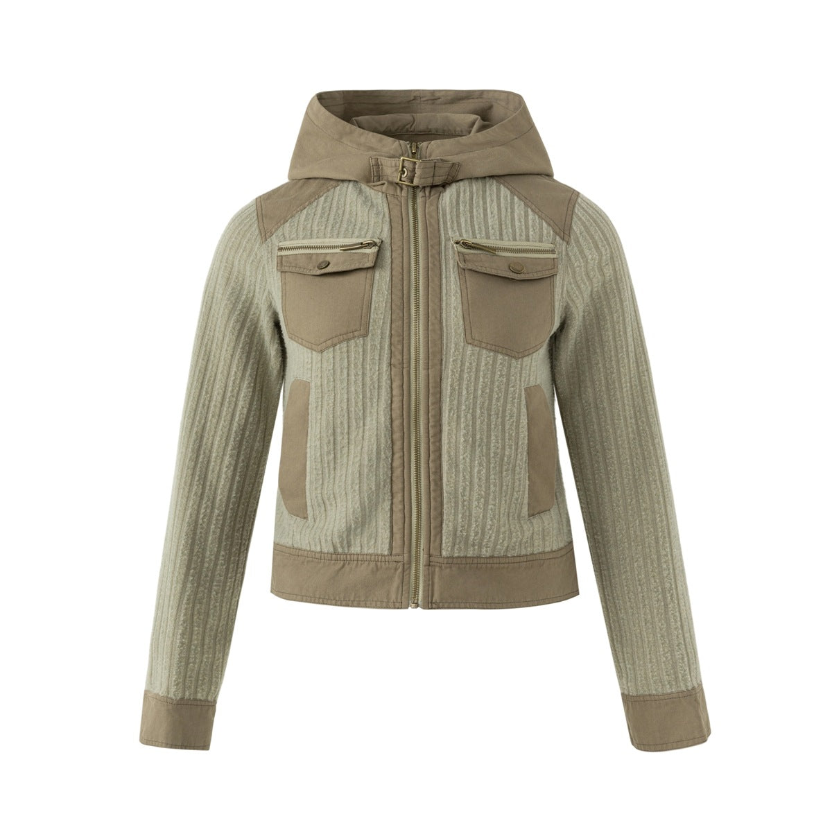 Green cropped hooded zip jacket with ribbed textured body and khaki contrast pockets, hood, hem and cuffs