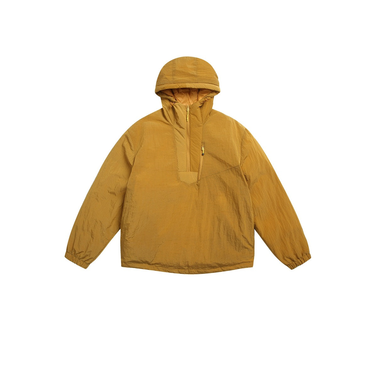 Yellow hooded half-zip jacket flat lay with grid texture, chest zip pocket and elastic cuffs