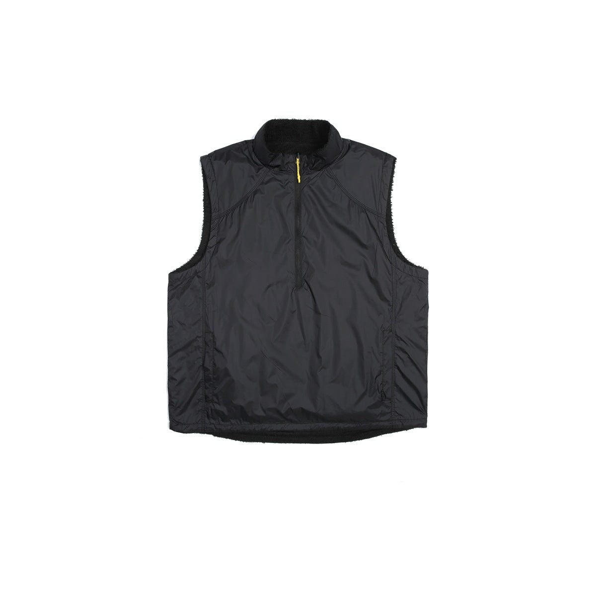 Black sleeveless half-zip stand-collar vest flat lay with a smooth shell, side seams and a yellow zipper pull