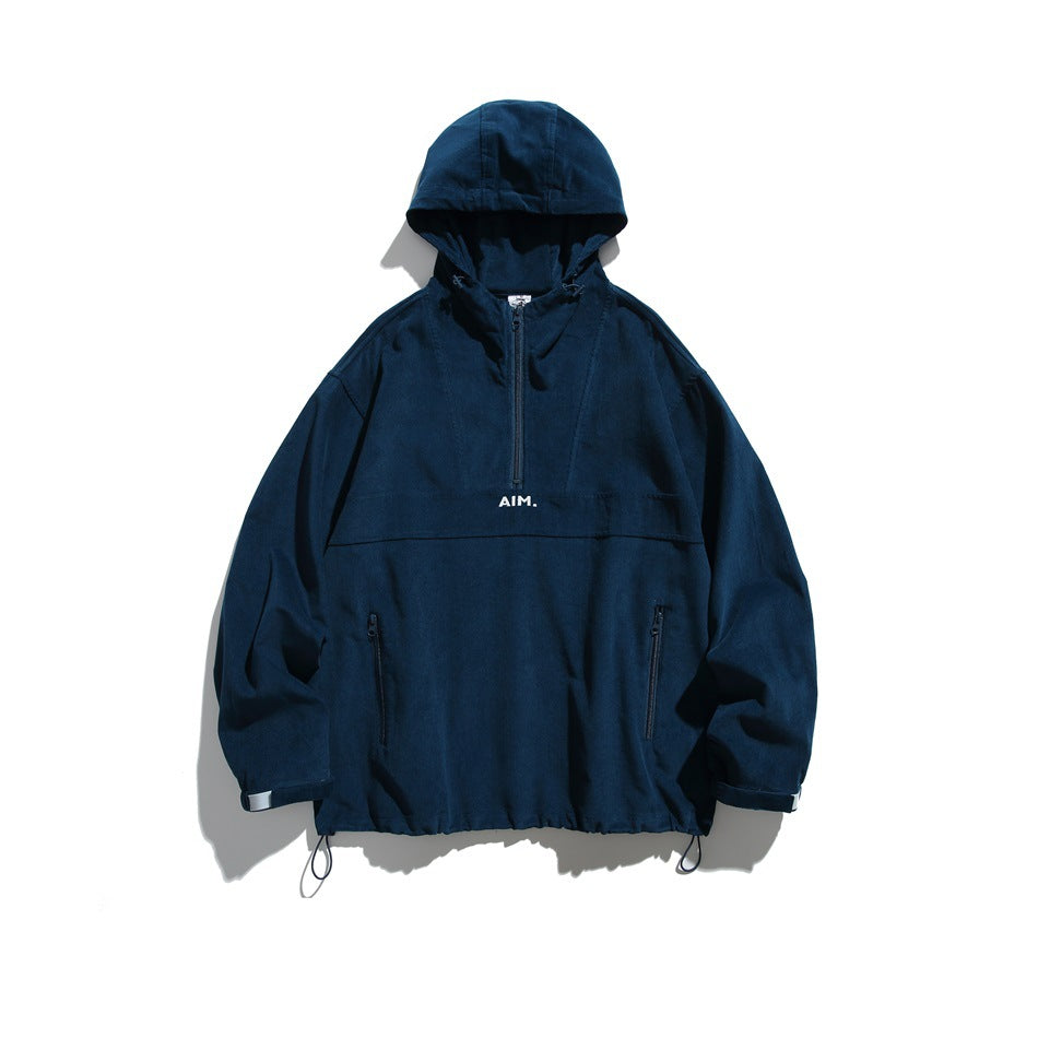 Deep blue hooded half-zip pullover jacket, flat lay front view, with zip pockets and drawstring hem