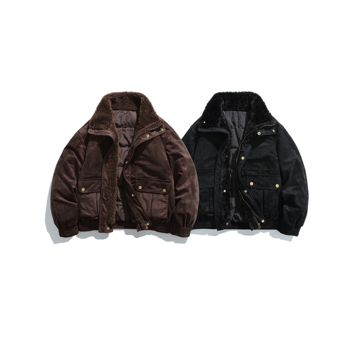 Two jackets shown from the front, one dark brown and one black, with plush collars and snap-flap pockets.
