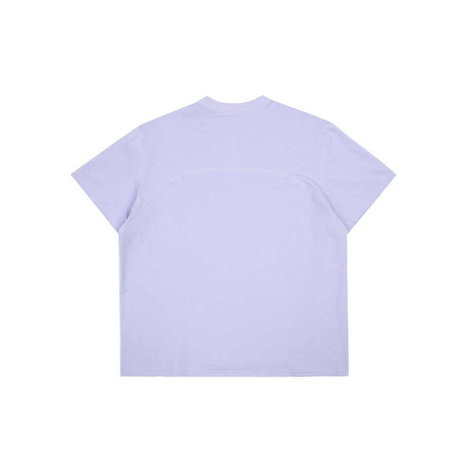 Back view of a plain pale lavender short-sleeve crew-neck T-shirt with curved seam detailing.