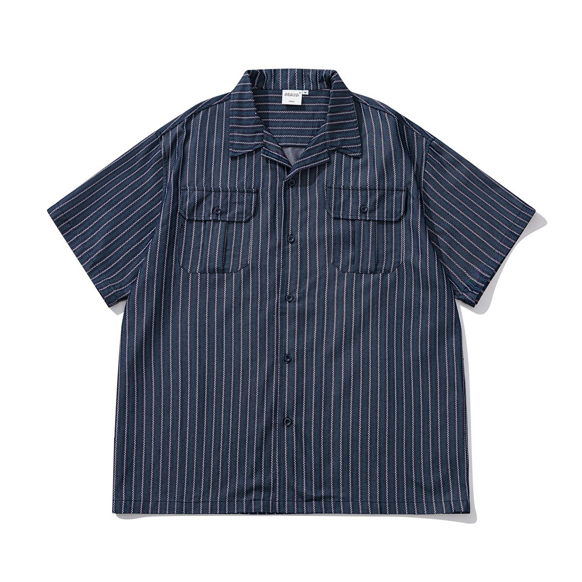 Men's Navy Pinstripe Short-Sleeve Camp Collar Shirt