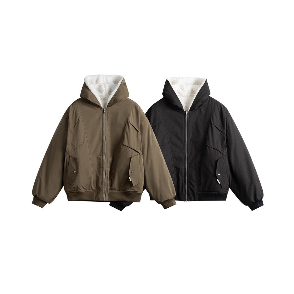 Front views of hooded zip jackets in olive brown and black, both with flap pockets and white-lined hoods.