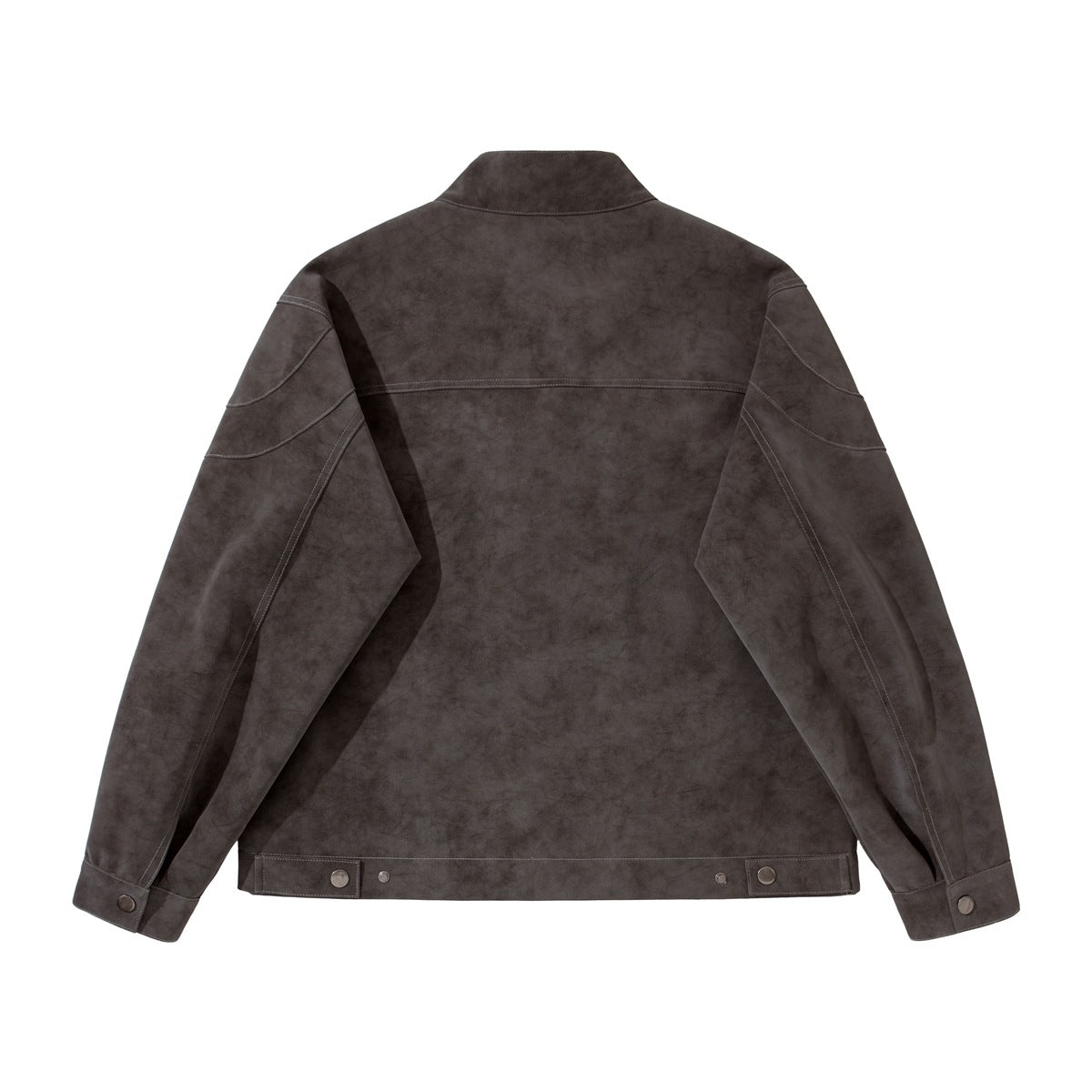 Back view of a dark charcoal jacket with a stand collar, paneled sleeves, snap cuffs, and adjustable snap tabs at the hem.