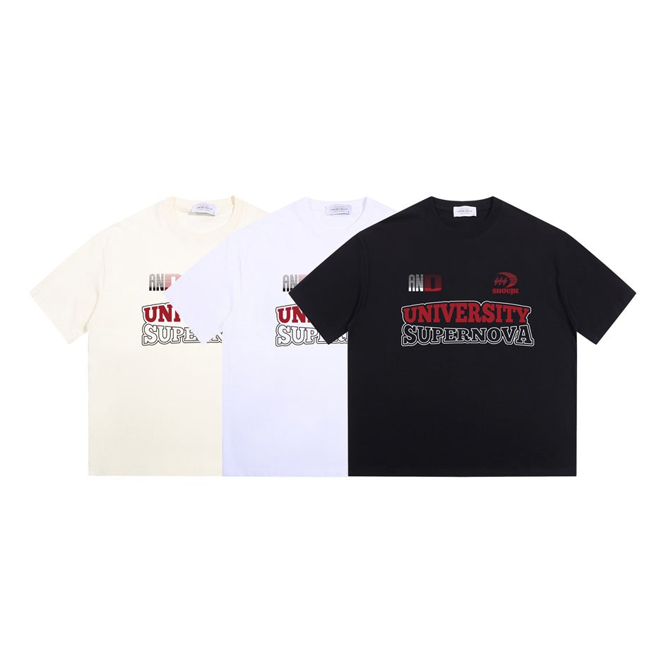 Three graphic T-shirts shown from the front in cream, white, and black.